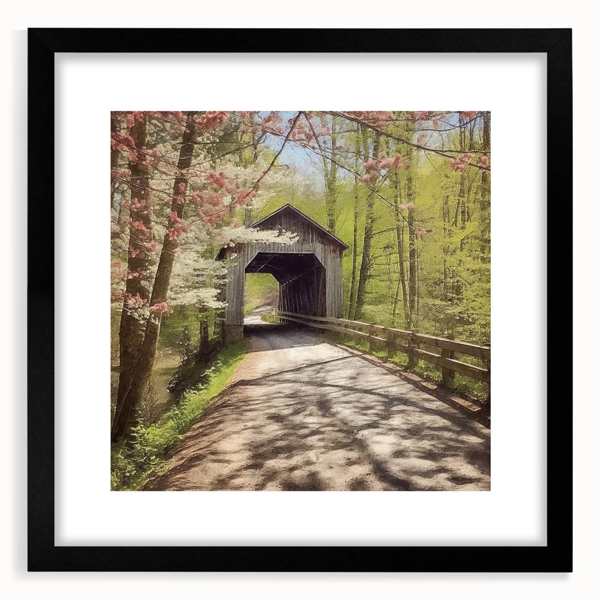 Extra large abstract art print of a colorful, textured covered bridge on a black framed canvas.