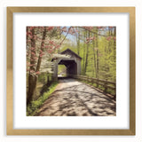 Extra large abstract art print of a covered bridge in textured gold, ideal for living room ambiance.