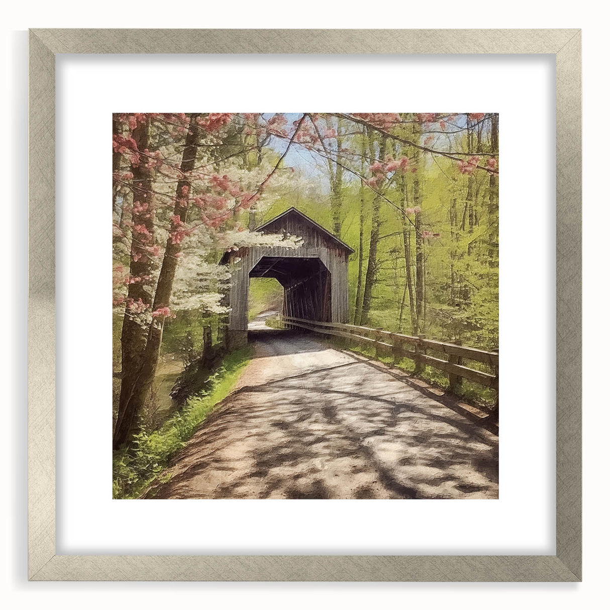 Textured art print of an abstract covered bridge in muted gray and silver tones on a framed canvas.