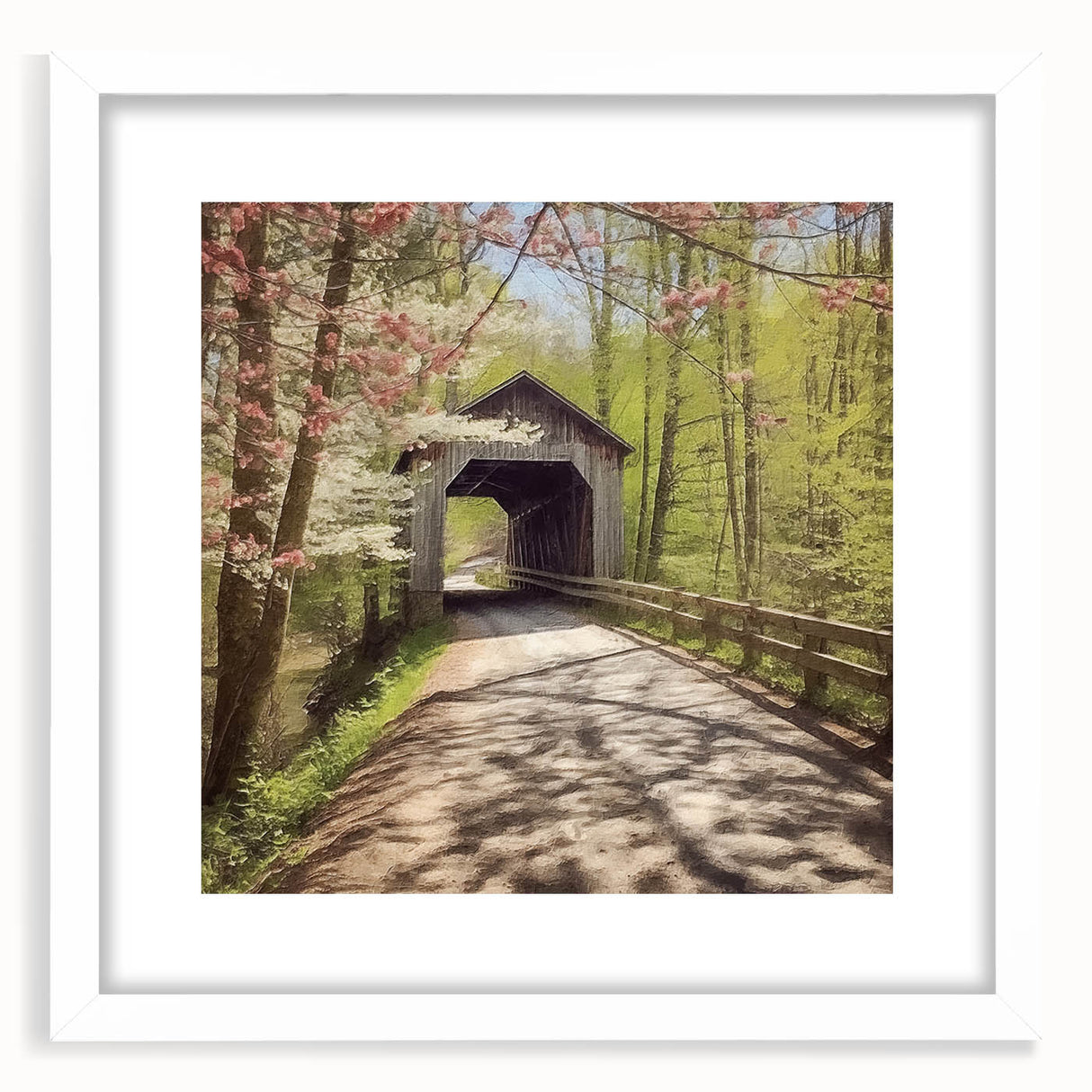 Abstract art print of a covered bridge in muted gray tones on a framed white mat, ideal for bedroom or dining room decor.