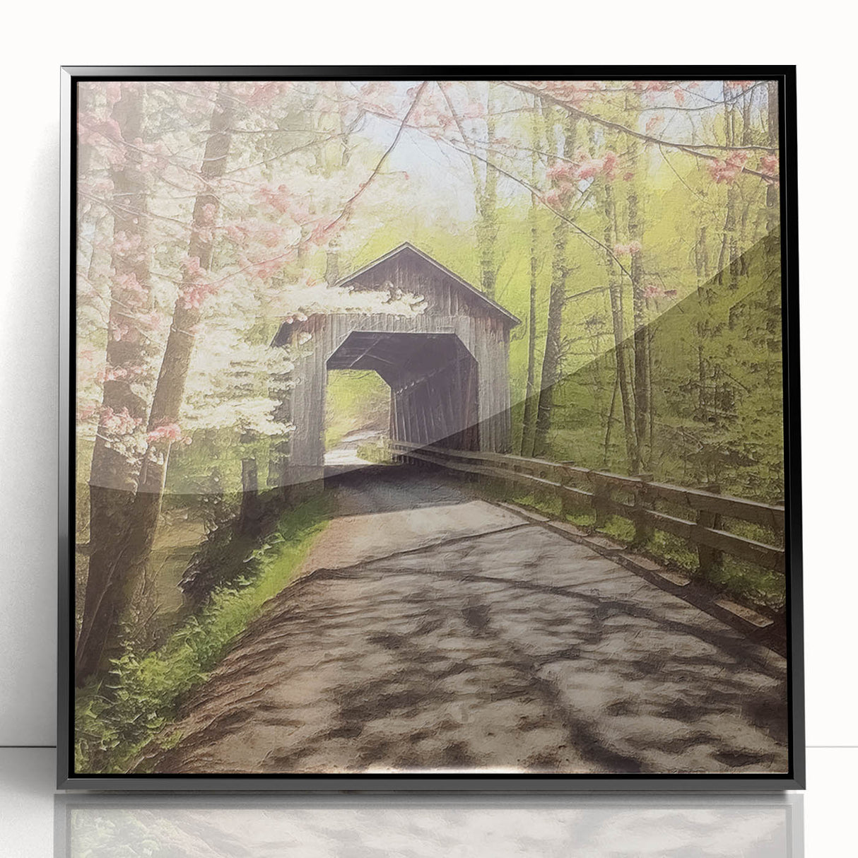 Large abstract wall art depicting a covered bridge in muted gray and black tones, framed acrylic.