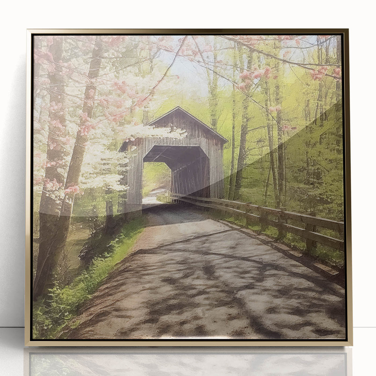 Mid-century modernist covered bridge depicted in gold and brown tones on a framed acrylic.