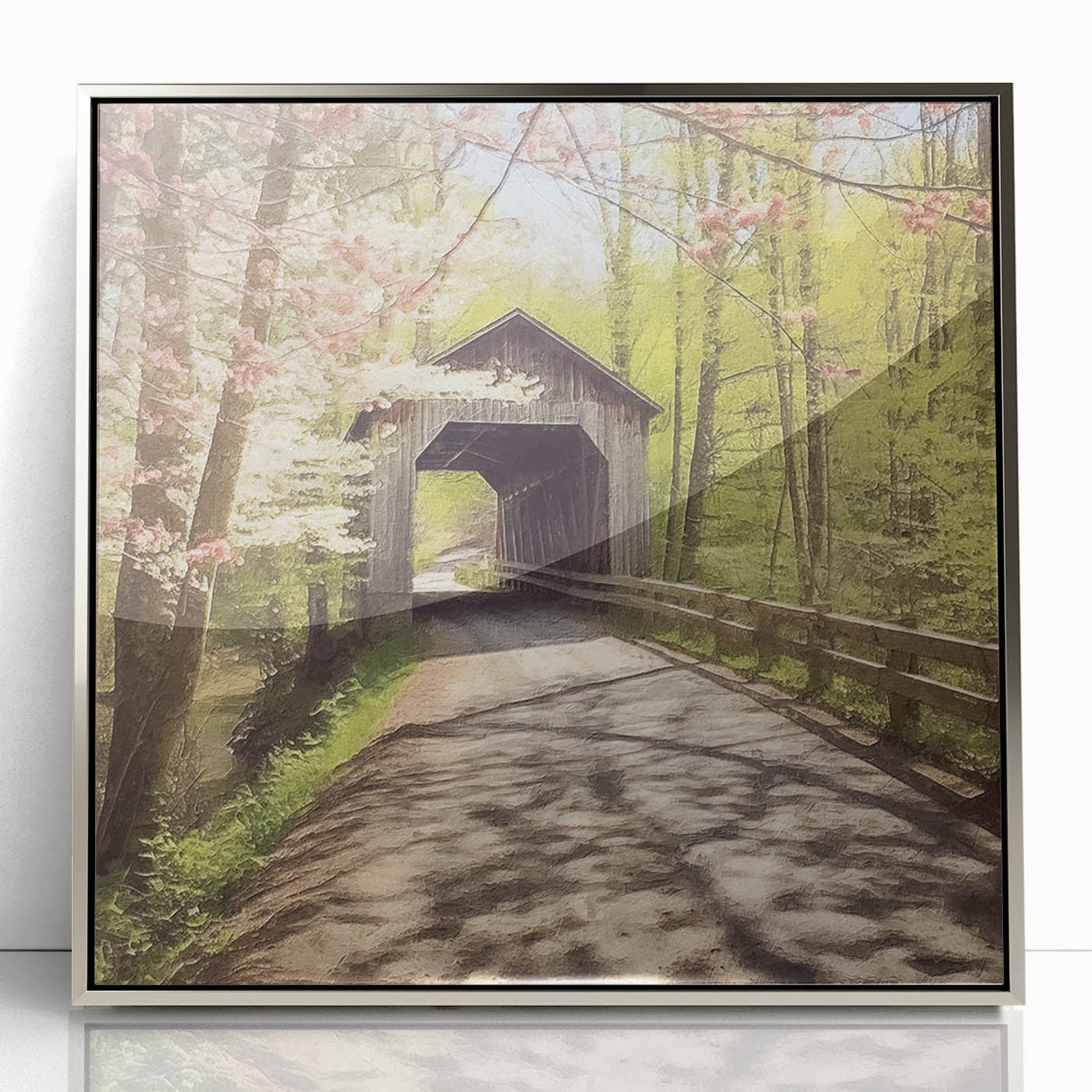 Mid-century modernist art of a covered bridge in muted earth tones on a framed acrylic, suitable for nursery wall art.