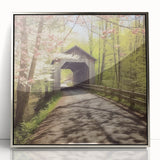 Mid-century modernist art of a covered bridge in muted earth tones on a framed acrylic, suitable for nursery wall art.