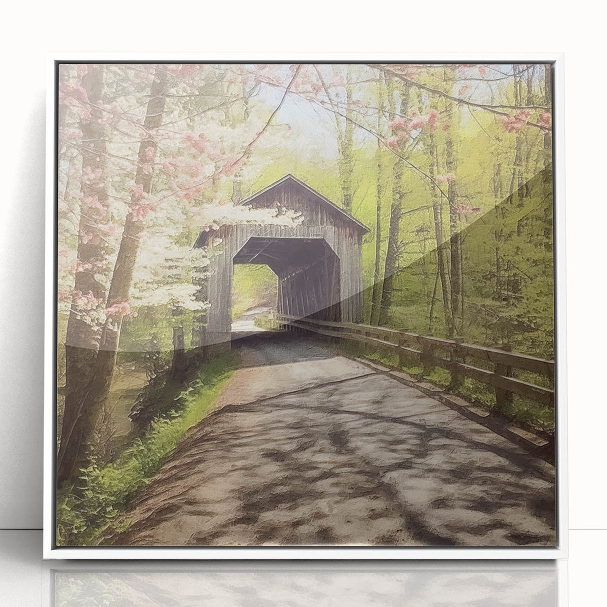 Acrylic print of a covered bridge in art deco style, framed in white, suitable for modern nursery decor.
