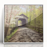 Acrylic print of a covered bridge in art deco style, framed in white, suitable for modern nursery decor.