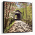 Black and white framed canvas depicting a vintage-style covered bridge in a landscape setting, ideal for bedroom decor.