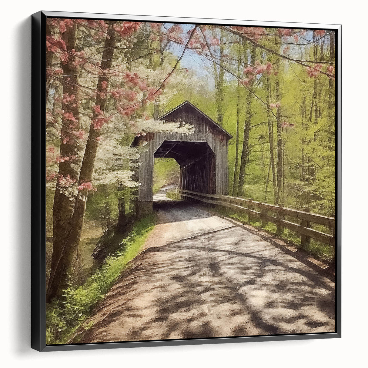 Black and white framed canvas depicting a vintage-style covered bridge in a landscape setting, ideal for bedroom decor.