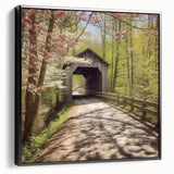 Black and white framed canvas depicting a vintage-style covered bridge in a landscape setting, ideal for bedroom decor.