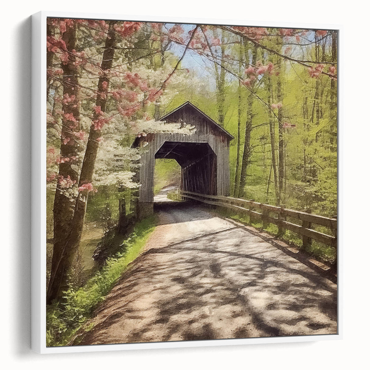 Vintage poster art of a covered bridge in muted colors on a framed canvas, suitable for living room decor.