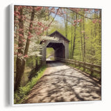 Vintage poster art of a covered bridge in muted colors on a framed canvas, suitable for living room decor.