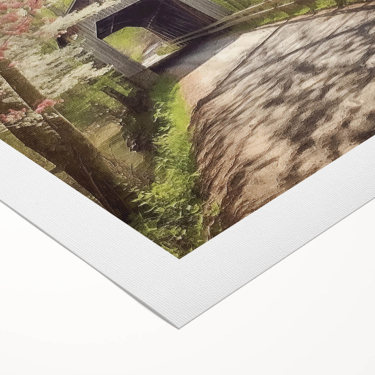 Art deco poster featuring an architecture-covered bridge in muted sepia tones, on rolled canvas.