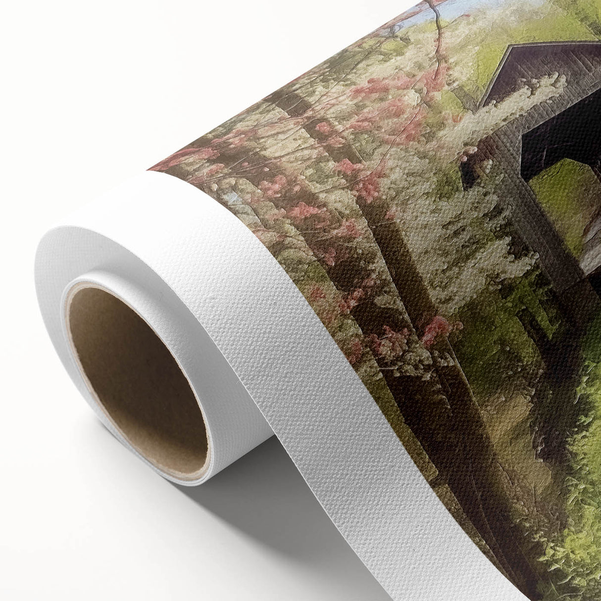 Art deco poster featuring a covered bridge in muted earth tones on rolled canvas, ideal for nursery wall art.