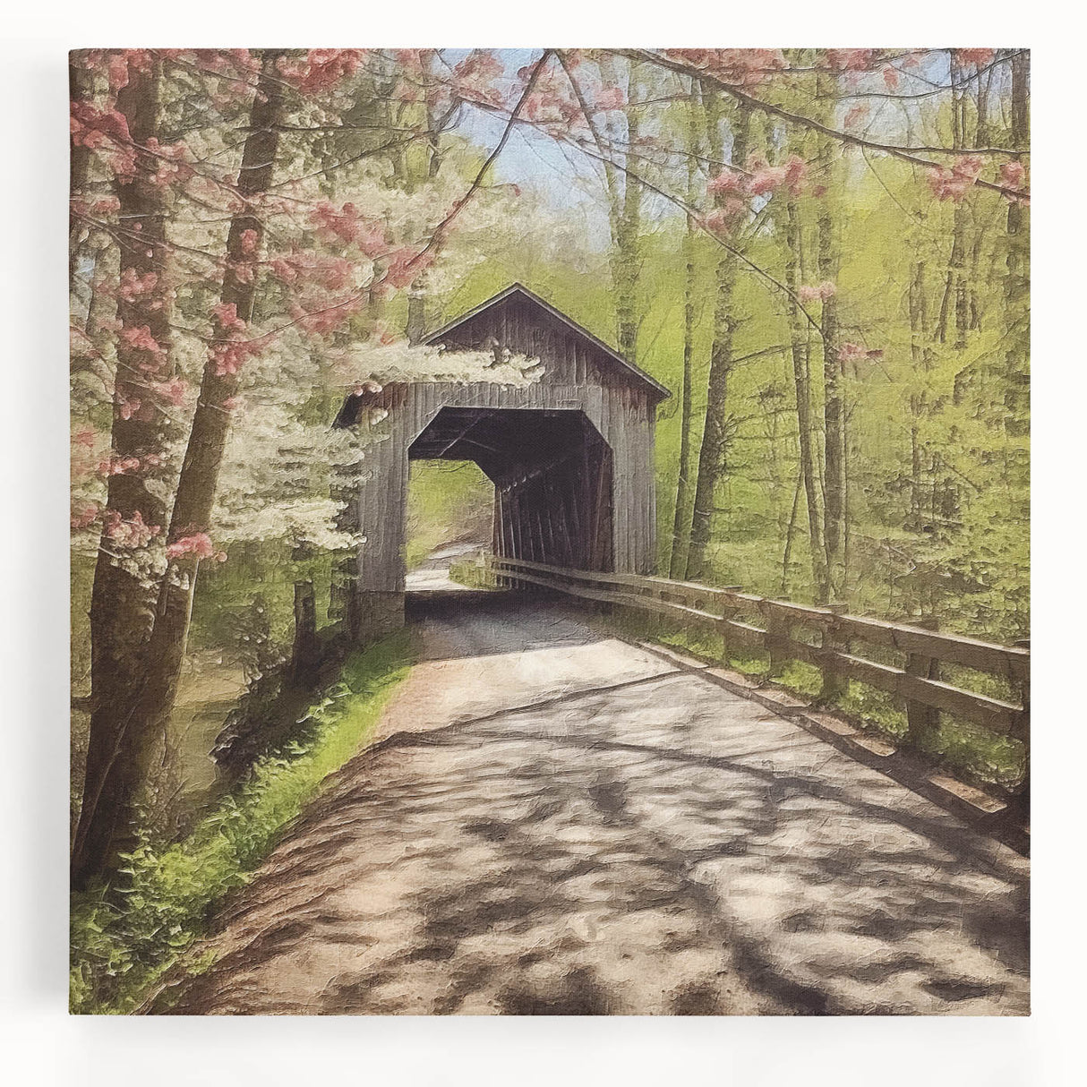 Black and white photograph of a covered bridge on stretched canvas, suited for kitchen wall art.