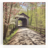 Black and white photograph of a covered bridge on stretched canvas, suited for kitchen wall art.