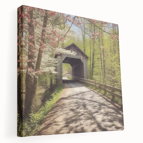 Side view of a large canvas art featuring an architecture-themed covered bridge in earth tones, ideal for kitchen wall decor.