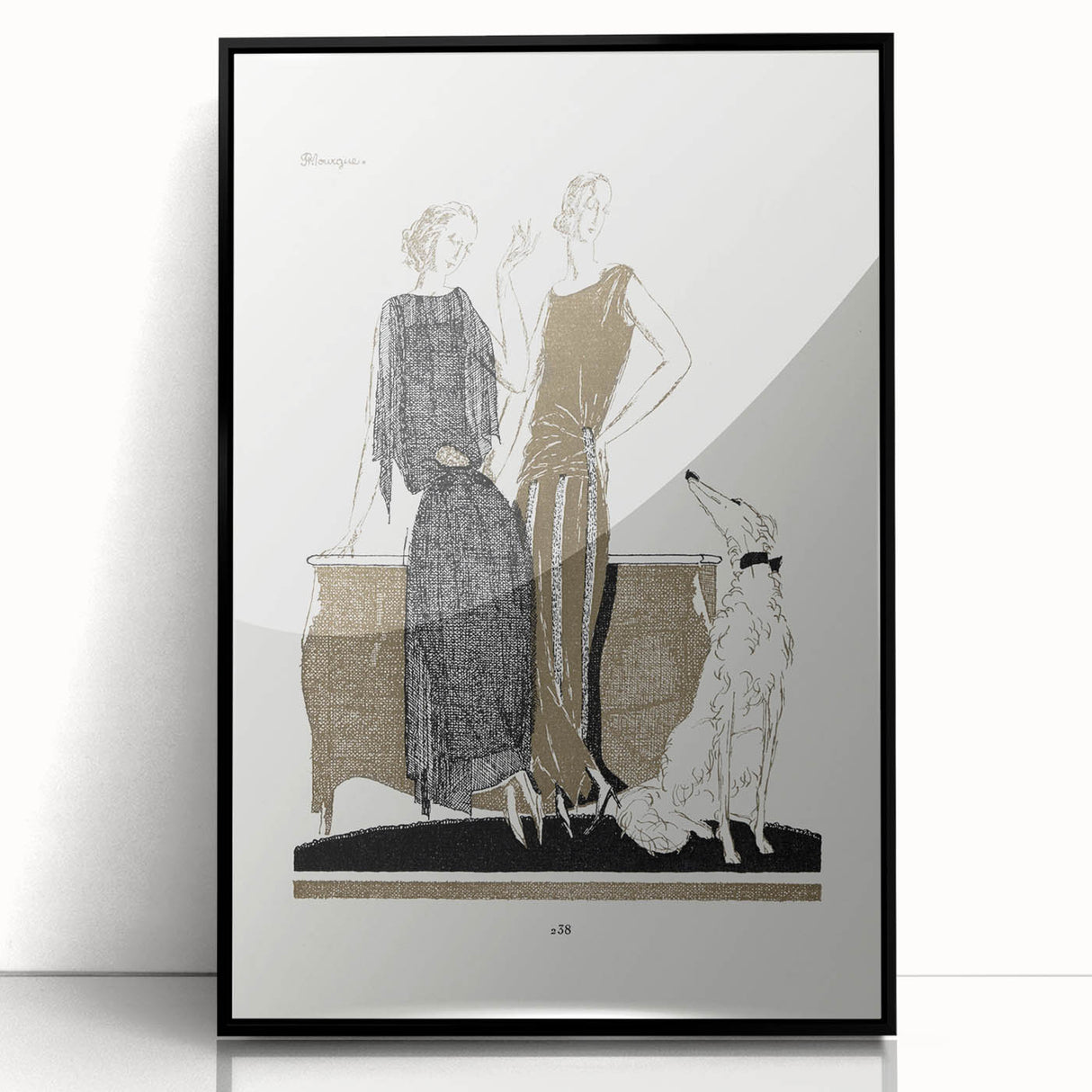 Elegant Art Deco Wall Art - Two Fashionable Women and Dog Illustration