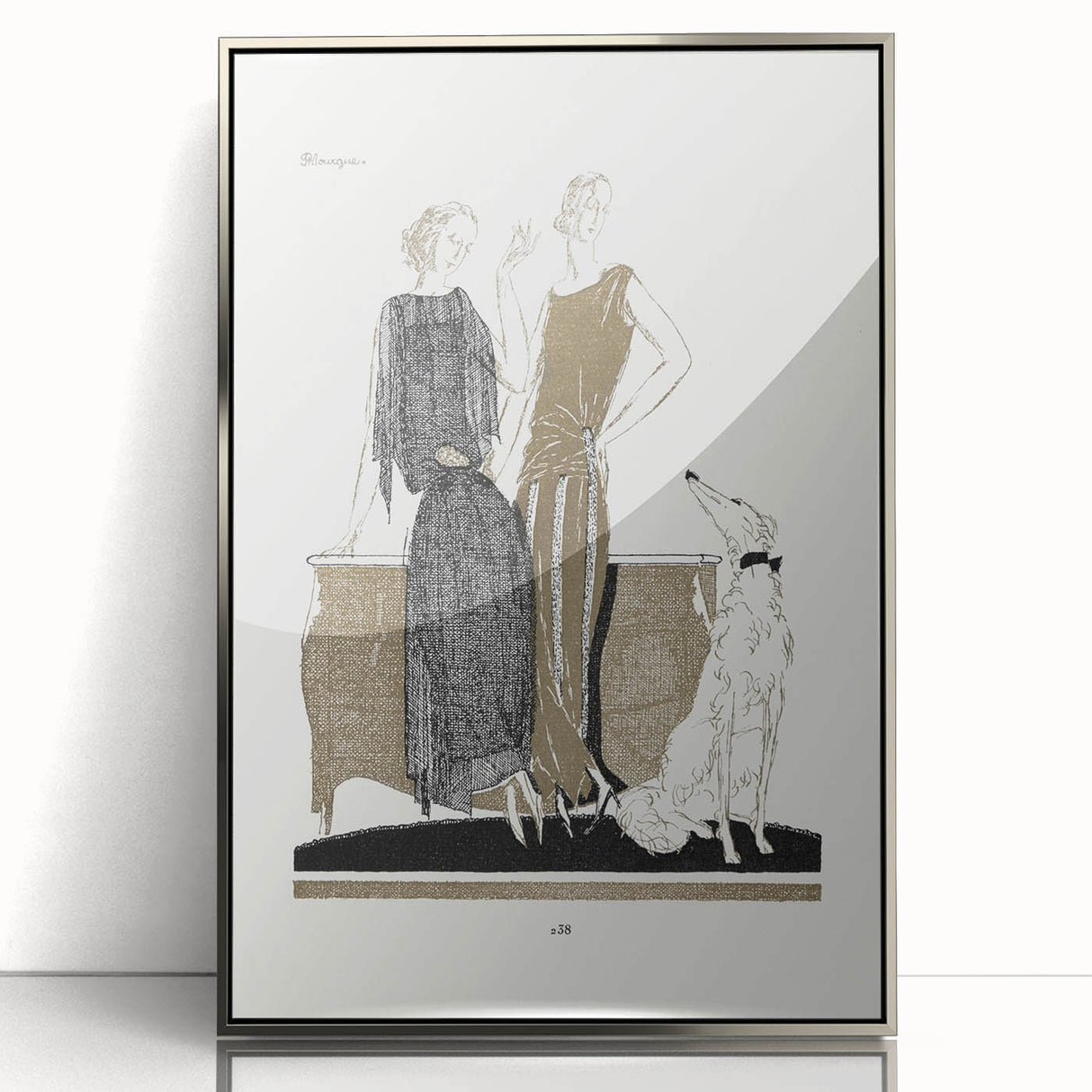 Elegant Art Deco Wall Art - Two Fashionable Women and Dog Illustration