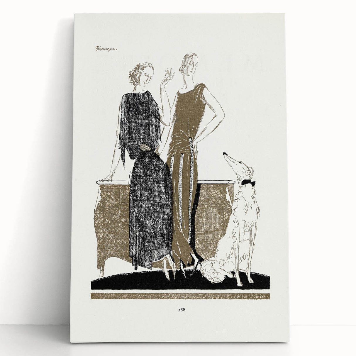 Elegant Art Deco Wall Art - Two Fashionable Women and Dog Illustration
