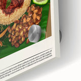 Large abstract wall art on acrylic glass featuring assorted food dishes in mid-century modernist style.