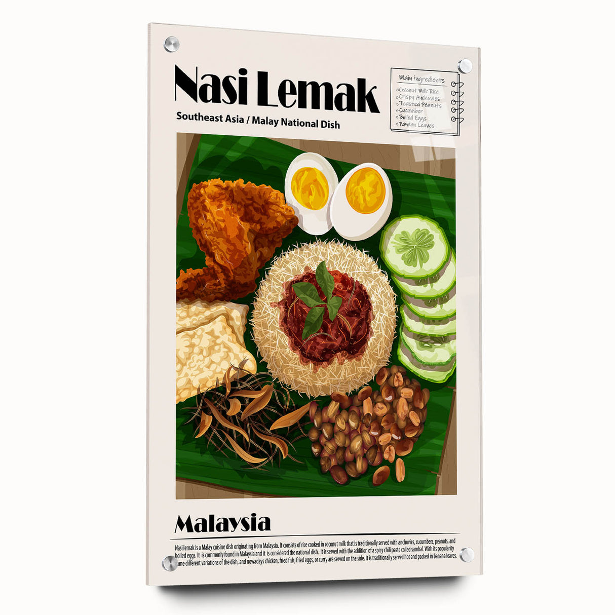 Acrylic print of various food dishes in muted earth tones, suitable for dining room decor.