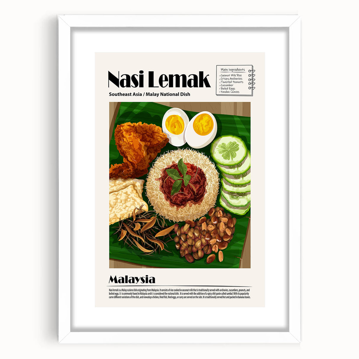 Abstract art print of assorted food dishes in muted earth tones, framed with a white mat, suitable for dining room decor.