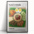 Large abstract wall art featuring assorted food dishes in muted earth tones, framed in black acrylic.
