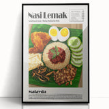 Large abstract wall art featuring assorted food dishes in muted earth tones, framed in black acrylic.