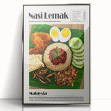 Mid-century modernist art featuring an array of stylized food dishes in muted colors, framed in silver acrylic.