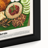 Close-up of textured black wall art featuring vibrant, colorful food dishes on a framed canvas, ideal for living room decor.