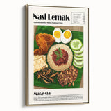 Framed canvas featuring vintage poster art of various food dishes in black and gold, ideal for bedroom wall decor.