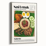 Landscape art painting featuring a colorful array of vintage food dishes on a black background, framed in silver.