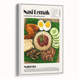 Vintage poster art of various colorful food dishes on a white framed canvas, ideal for extra large living room wall decor.