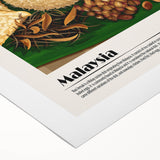 Art deco poster of various food dishes in muted earth tones on rolled canvas, suitable for dining room wall art.