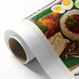 Art deco poster featuring an array of colorful food dishes on a rolled canvas, ideal for dining room wall art.