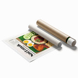 Extra large rolled print of various food dishes in pastel shades.