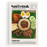 Black and white wall art on stretched canvas featuring assorted food dishes, ideal for kitchen art.