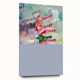 Large abstract wall art on acrylic glass depicting assorted food and drinks in vibrant colors.