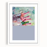 Abstract art print featuring swirling patterns in muted blue and green tones on a white framed canvas.