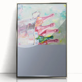 Mid-century modernist large art print depicting food and drinks in vibrant colors on a silver-framed acrylic.