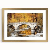 Elegant gold landscape bridge frame with a white mat, showcasing a stunning view of a bridge against a serene backdrop. Perfect for enhancing home decor.