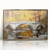 Framed acrylic artwork depicting a serene landscape featuring a bridge, accented with gold tones. Ideal for modern home decor, it adds elegance and depth to any room.
