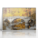 Framed acrylic artwork showcasing a serene landscape bridge scene, featuring vibrant colors and detailed textures, ideal for enhancing home decor.