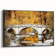 Framed canvas artwork depicting a scenic landscape bridge in a black frame, showcasing vibrant colors and intricate details, perfect for modern home decor.