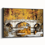Framed canvas artwork depicting a scenic landscape bridge in a black frame, showcasing vibrant colors and intricate details, perfect for modern home decor.