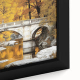 Close-up of a framed canvas artwork depicting a serene landscape bridge scene, showcasing vibrant colors and intricate details, ideal for home decor enhancement.