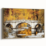 Framed landscape canvas print of a golden bridge, showcasing intricate details and vibrant colors, ideal for home decor or art collectors, adding elegance to any space.