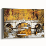 Framed canvas artwork depicting a serene landscape bridge scene in soft hues of blue and green, with a sleek silver frame enhancing its elegance. Perfect for home decor.