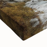 Close-up of a stretched canvas print showcasing a vibrant landscape bridge scene with lush greenery and a serene waterway, perfect for home decor.