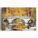 Stretched canvas artwork depicting a serene landscape bridge scene, showcasing vibrant colors and intricate details, perfect for enhancing home decor with nature-inspired elegance.